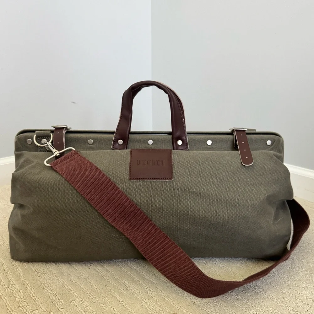 Line of Trade Green Canvas Duffel Weekender Bag with Brown Leather Accents